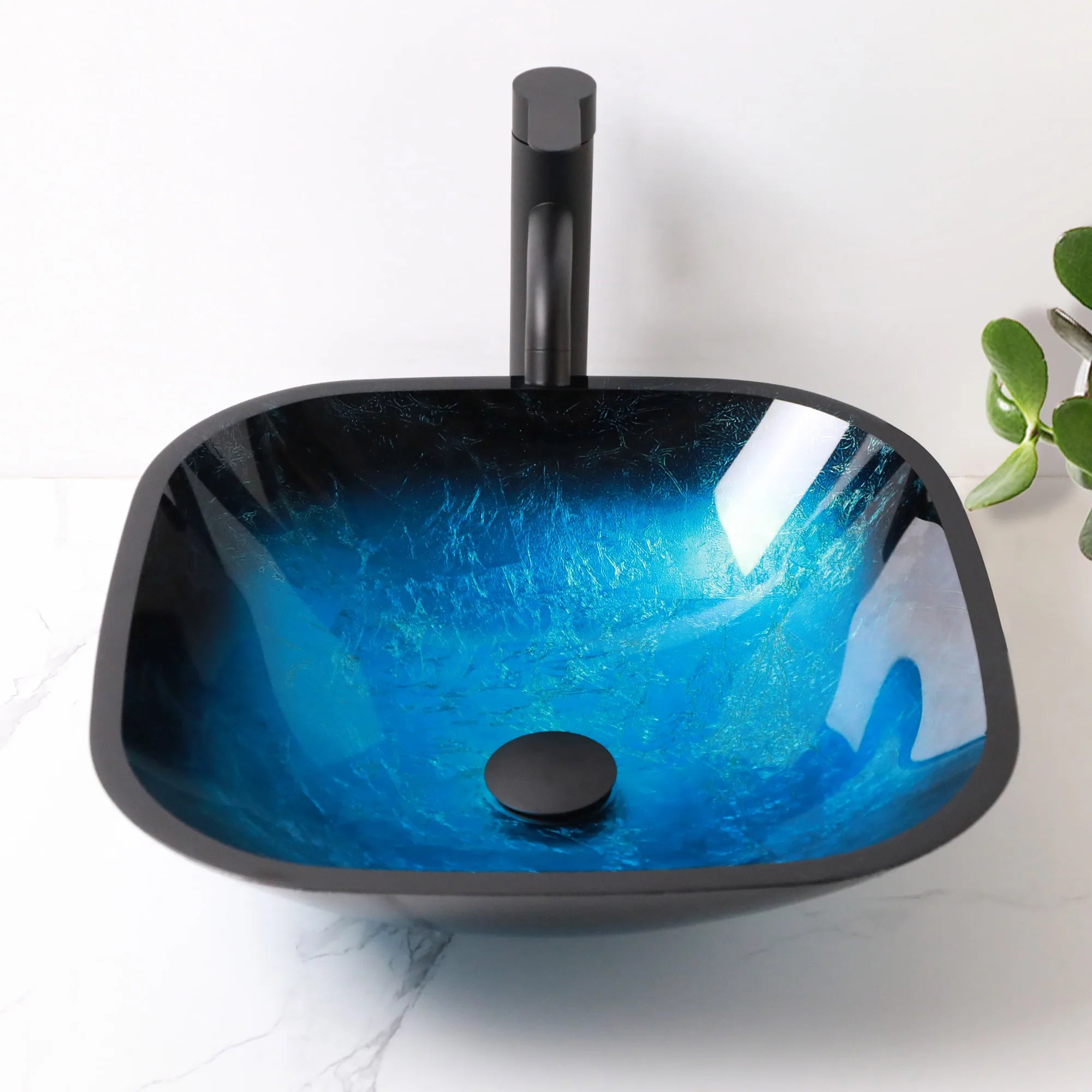 Sarlai 16'' L X 16'' W Tempered Glass Blue Vessel Bathroom Sink with Pop-up Drain