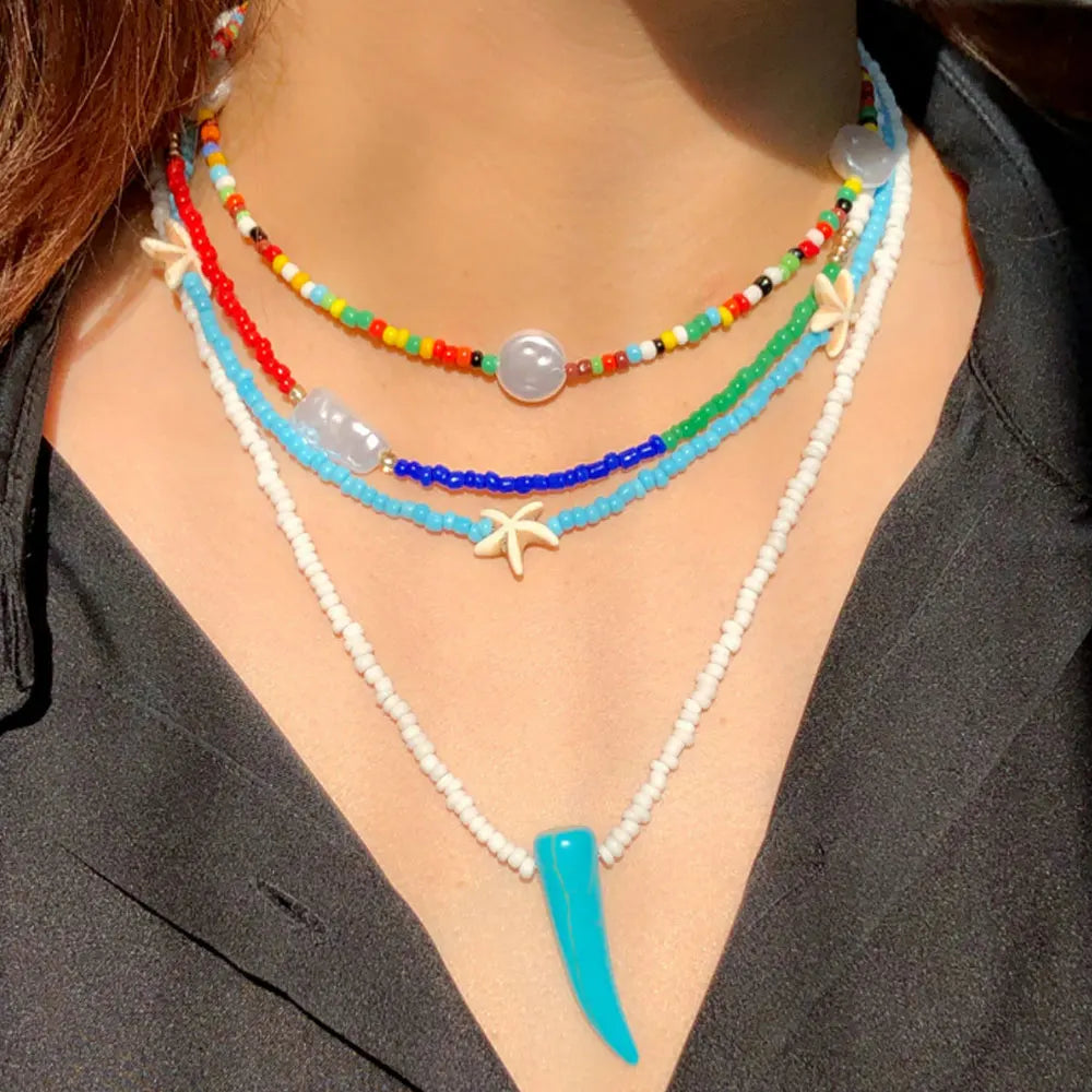 Wholesale Glass Rice Seed Beads Bohemian Colorful Chain Beach Layered Pendant Necklace Women's Jewelry Handmade Anniversary