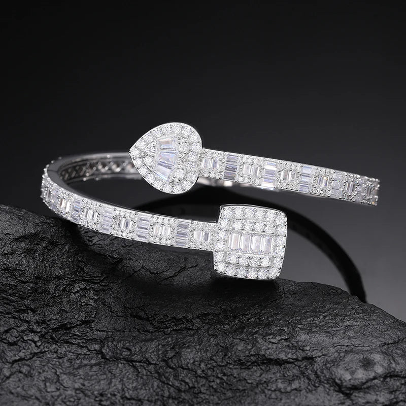 Pass Diamond Tester Couple Heart Bangle 925 Sterling Silver Baguette Moissanite Bracelet Bangle With Certified