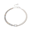 Half Pearl Half  Rhinestone Choker Necklace Silver Diamond  Necklace Sparkly Crystal Necklace Chain Jewelry