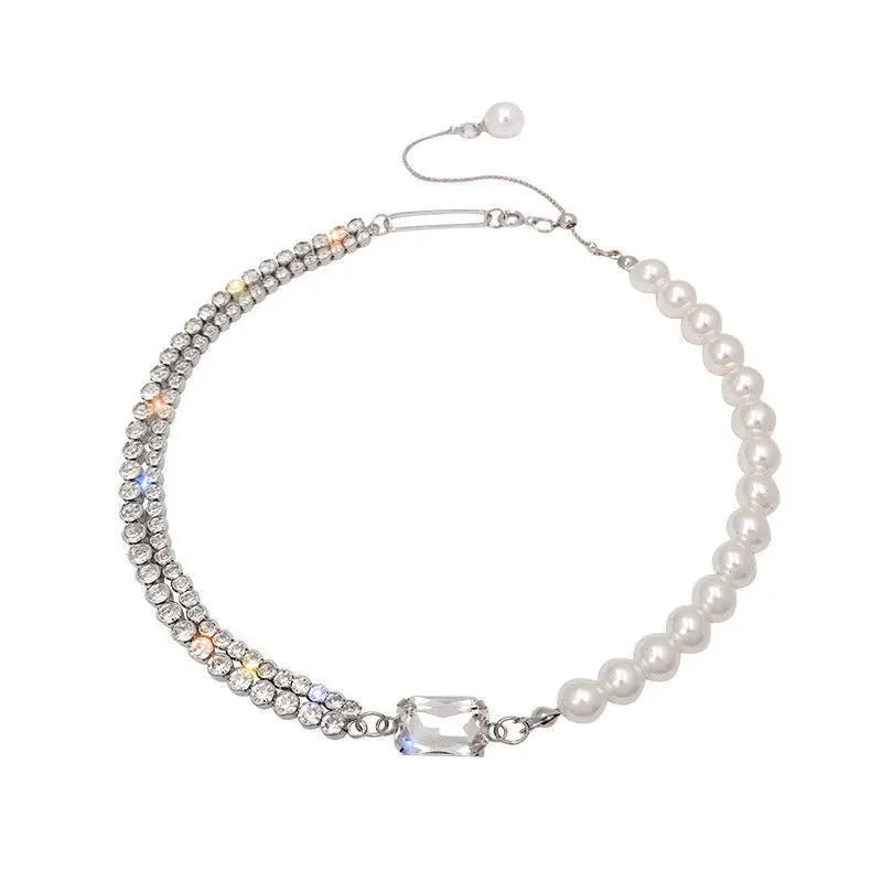 Half Pearl Half  Rhinestone Choker Necklace Silver Diamond  Necklace Sparkly Crystal Necklace Chain Jewelry