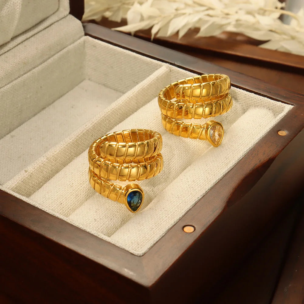 Fashionable Stainless Steel Waterproof Ring New Titanium Steel Gold-Plated Inlay Droplet Shaped Zirconia Wrapped Texture Ring