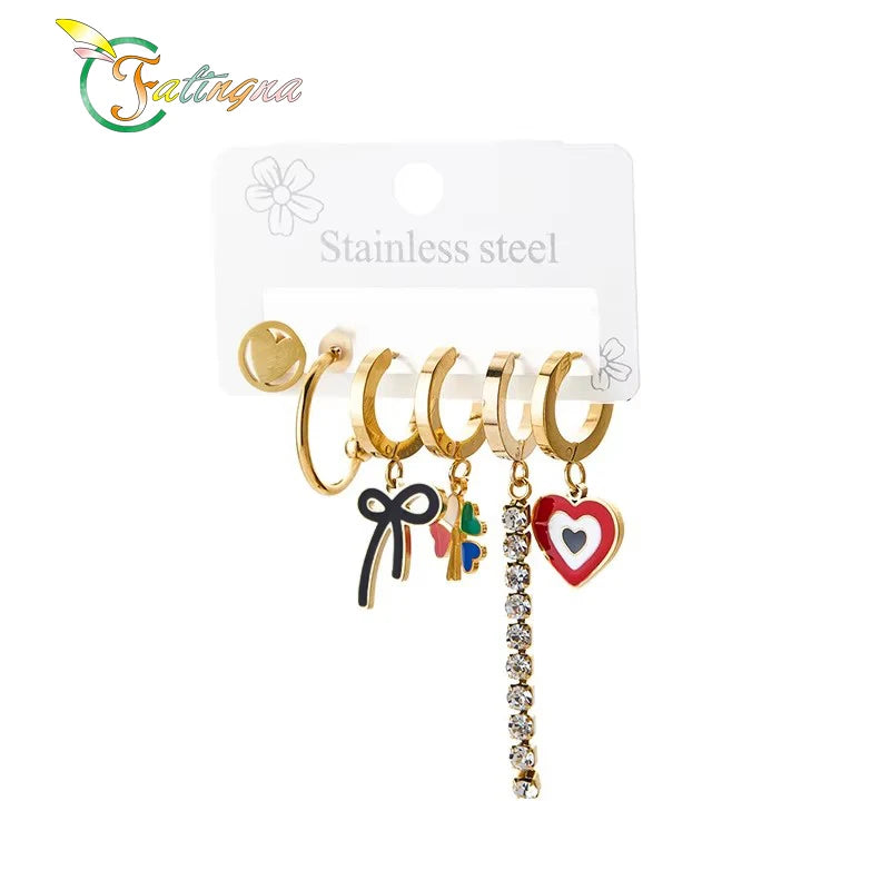 Fatingna Women's Dripping Oil Colorful Charm Huggie Earrings with Enamel Heart Drop Stainless Steel Hoop Type Zircon Main Stone