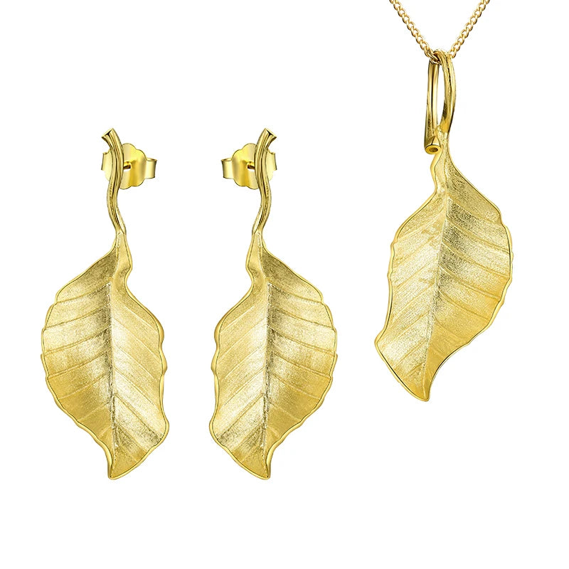 Pure 925 Sterling Silver Luxury Elegant Autumn Large Leaf Shape Jewelry Sets