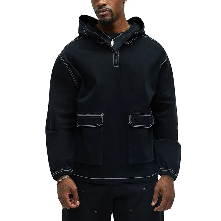 Spring Black Boxy Cotton Twill Quarter Zip Hood Jacket Plus Size Men Contrast Velcro Zip Hooded Pullover Pockets
