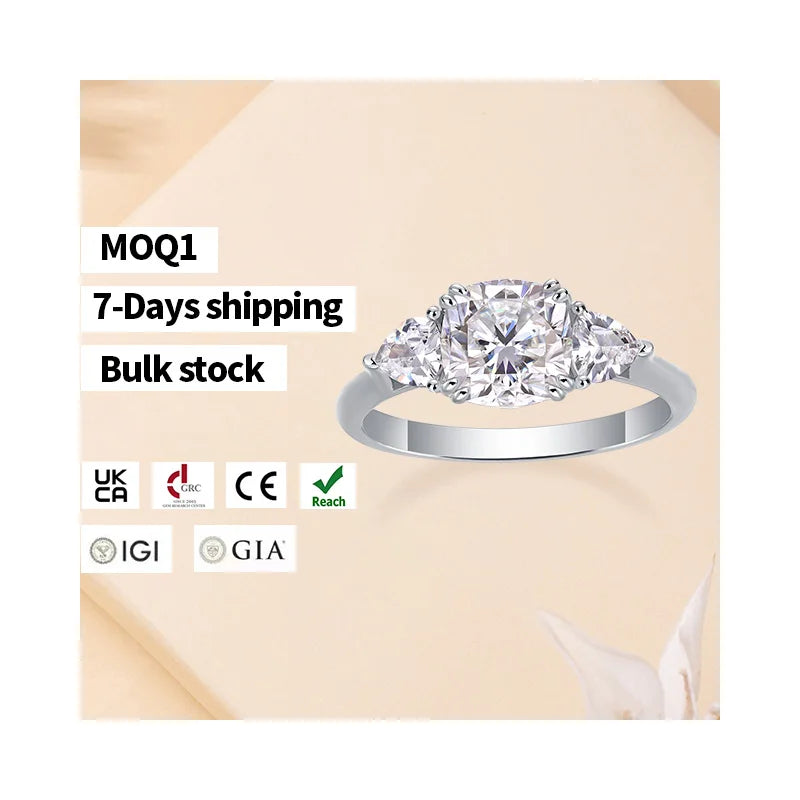 Women's 925 Sterling Silver Engagement Ring Bulk in Stock Cushion Cut Cathedral Three Stone Unique Moissanite Jewelry