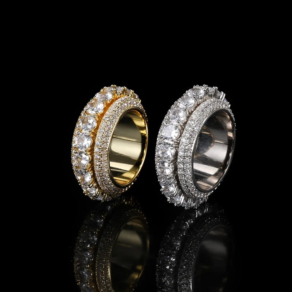 VEROMCA Men's Hip Hop Gold Plated Brass Spin Ring with Pave CZ Stone Iced Out Rotating Gemstone Ring for Weddings and Gifts