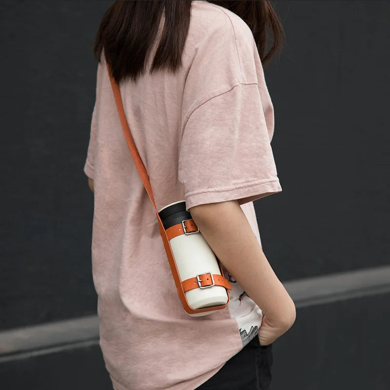 YY Handmade Pu Leather Water Bottle Holder With Adjustable Strap for Hiking