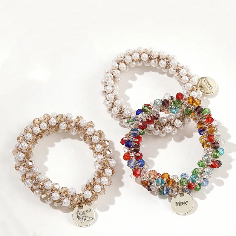 Hot Sale Crystal Bead Hair Tie Bracelet Accessories Pearl Ponytail Holder Elastic Scrunchies for Women Girls