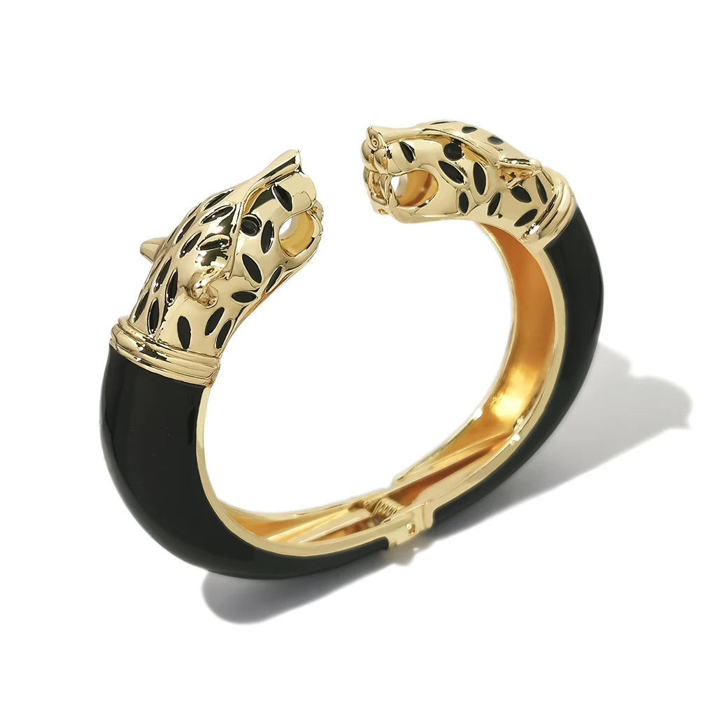 Cross Border Hot Selling Double Leopard Head Drop Glaze Bangle Bracelet Fashion Animal Open Cuff Bracelet Accessories