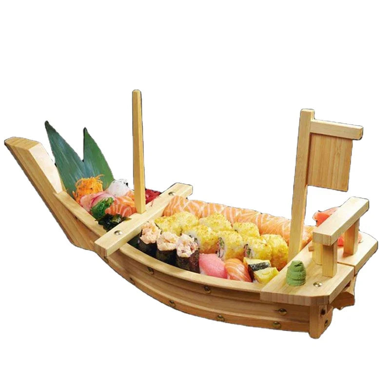 Customized Handmade Eco-Friendly Gold Wood Large Boat Japanese 80cm Sushi Boat with Pine Wood & Bamboo for Sale