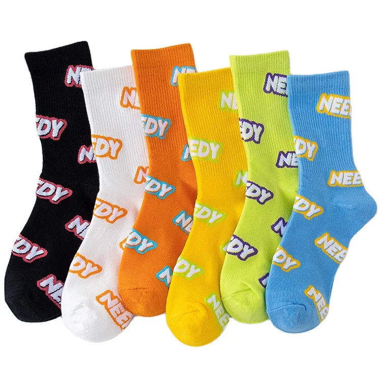 Youki Designer Mid-Tube Casual Knitted Cotton Sweat-Absorbent Socks with Candy Ribbon Lettering for Autumn Season for Women Men