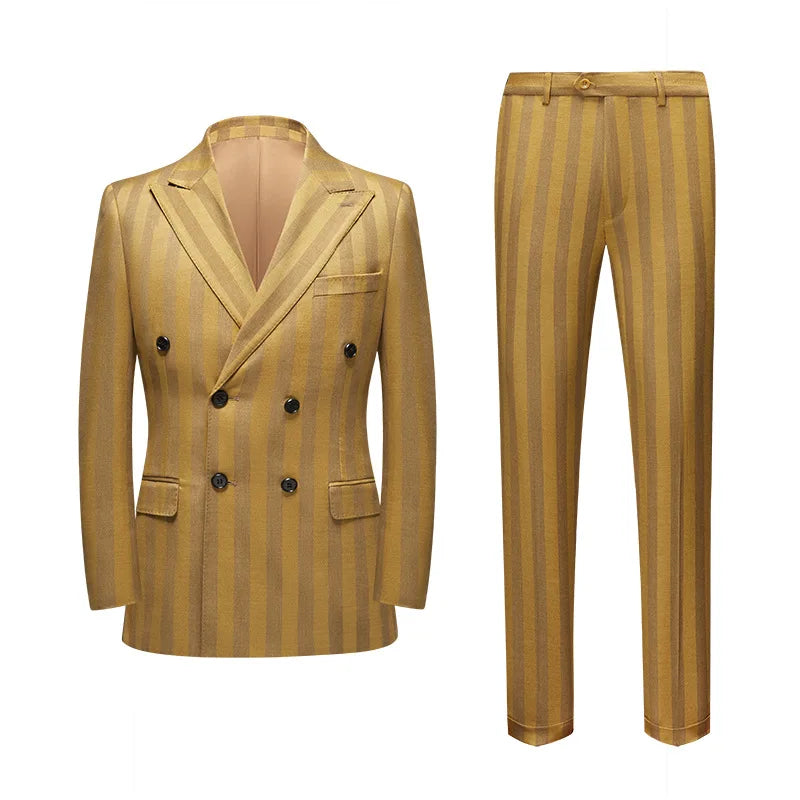 M-4XL Autumn/Winter New Suit Set Men's Stripe Double Breasted Korean Casual Gold Suit Two Piece Set