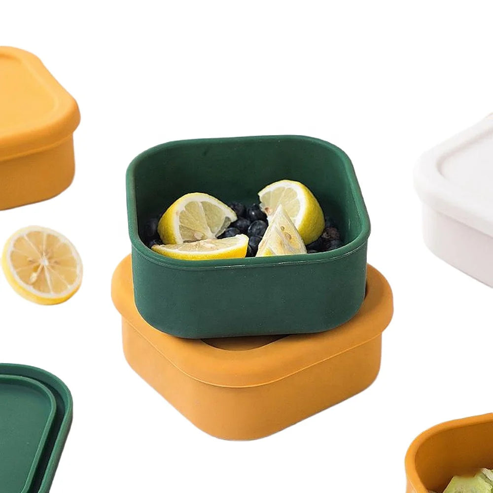 Reusable Silicone Kid BPA Free Leakproof Food Storage Box Square Fruit Snack Container With Silicone Lids MegaBDM