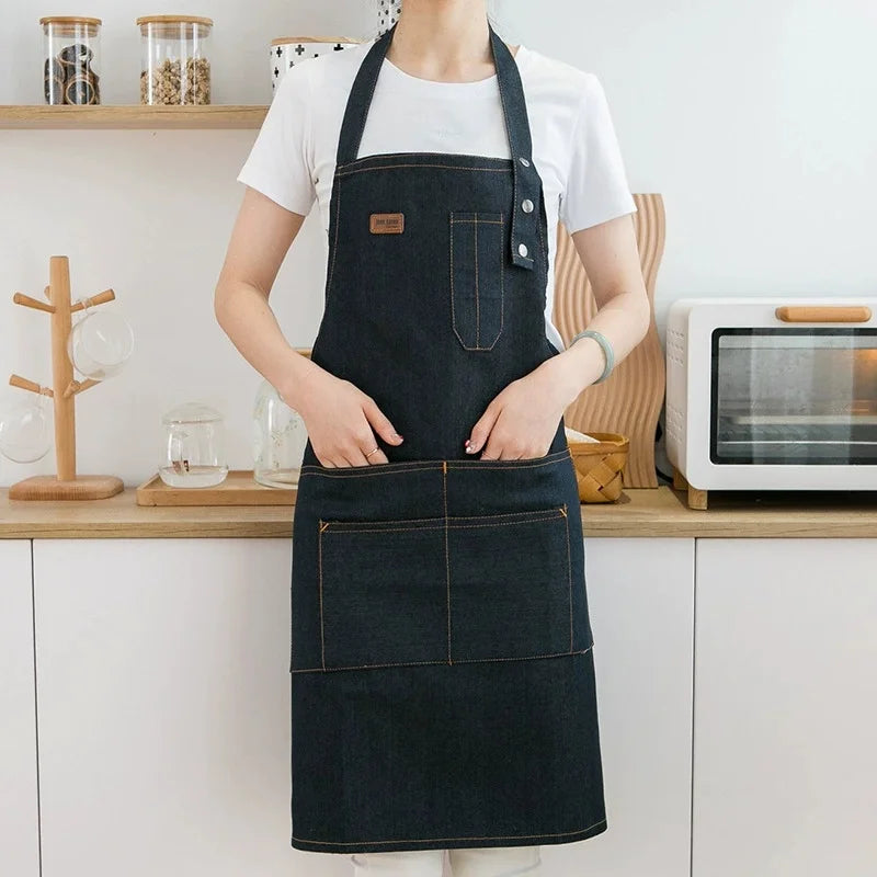 Men/Women Korean Version Anti-Pollution Apron Washable Durable Denim Fabric Workwear for Coffee Shop Chinese Restaurant