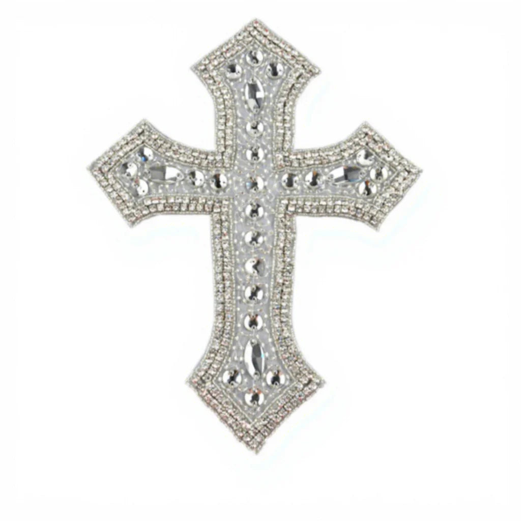Hot-fix Clear Crystal Christmas Garment Decoration  Patches Flat Back Rhinestone Cross Heat Transfer for Hoodie Jacket WRA-844