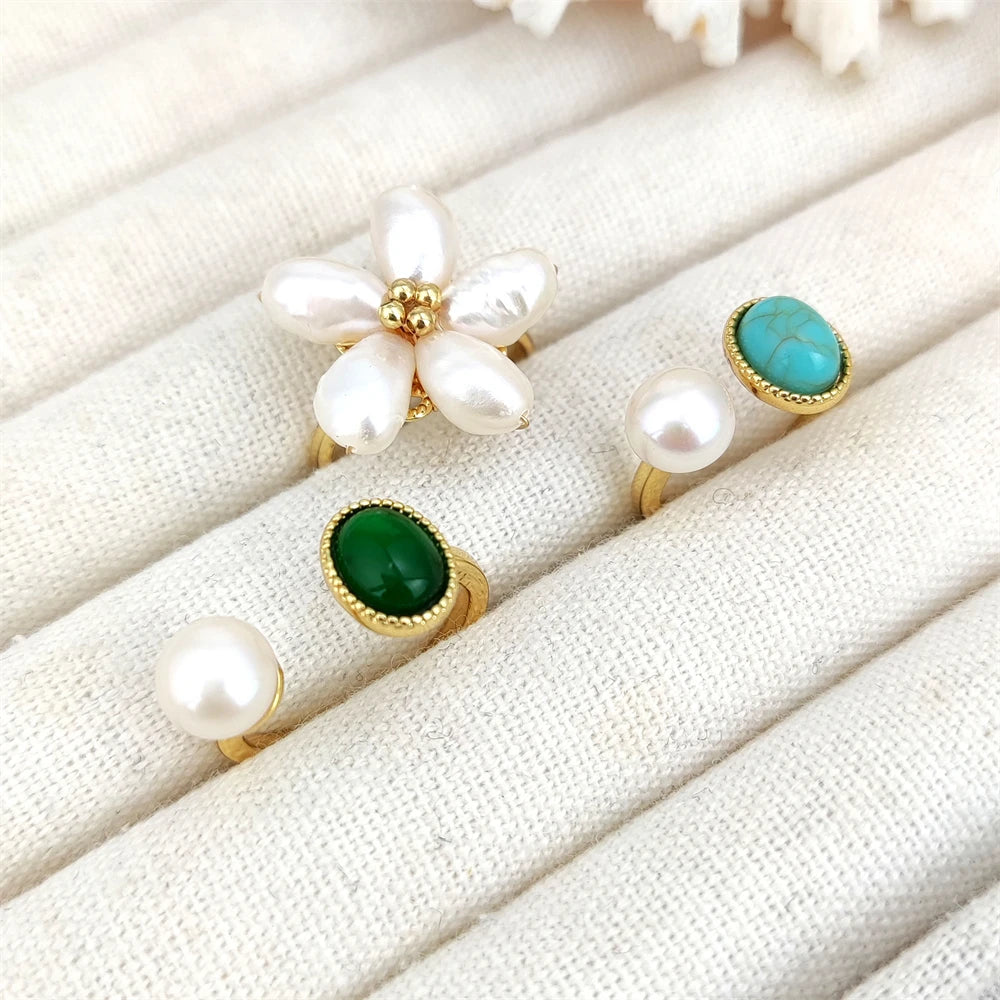 Latest Designs Elegant Fashion Gemstone Turquoise Green Jade Ring 18K Gold Adjustable Open Ring Fresh Water Pearl Ring for Women