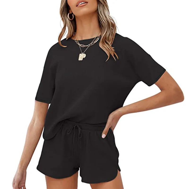 Loungewear Sets Waffle Solid Leisure Suits Two Piece Women Casual Home Wear Shorts Sets t Shirt