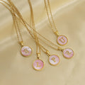 18K Stainless Steel Geometric Round Pink Shell Letter 26 A- Z Alphabet Pendant Clavicle Chain Necklace for Women Girls