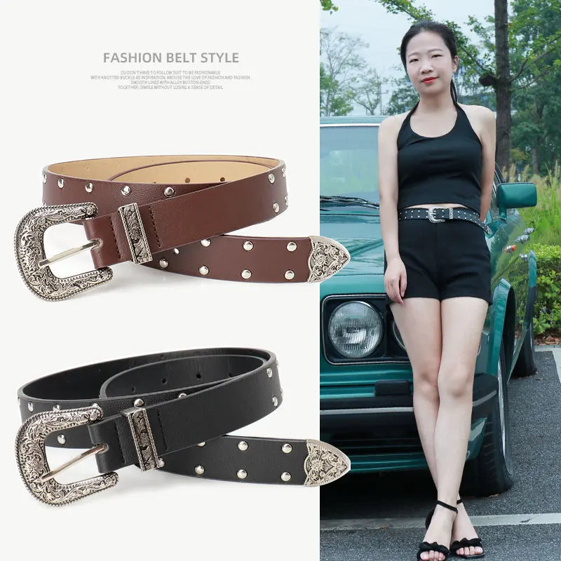 Y2k Vintage Belt Women Fashion Everything Spice Style Embellished Jeans with Double Row studded Belt for Women