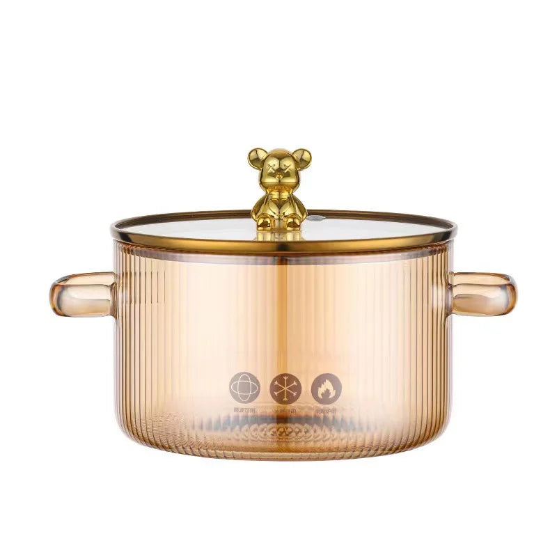 High-Temperature Resistant Transparent Small Glass Bear Noodle Bowl Cute Household Induction Stew Pot with Lid for Gas Stove