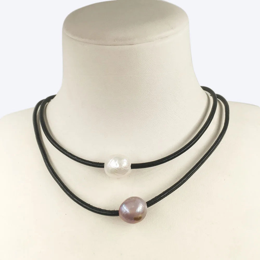 LEATHER Nature Freshwater PEARL NECKLACE PEARL PENDANTHigh Quality Stainless Steel Claspkeshi Baroque Pearl
