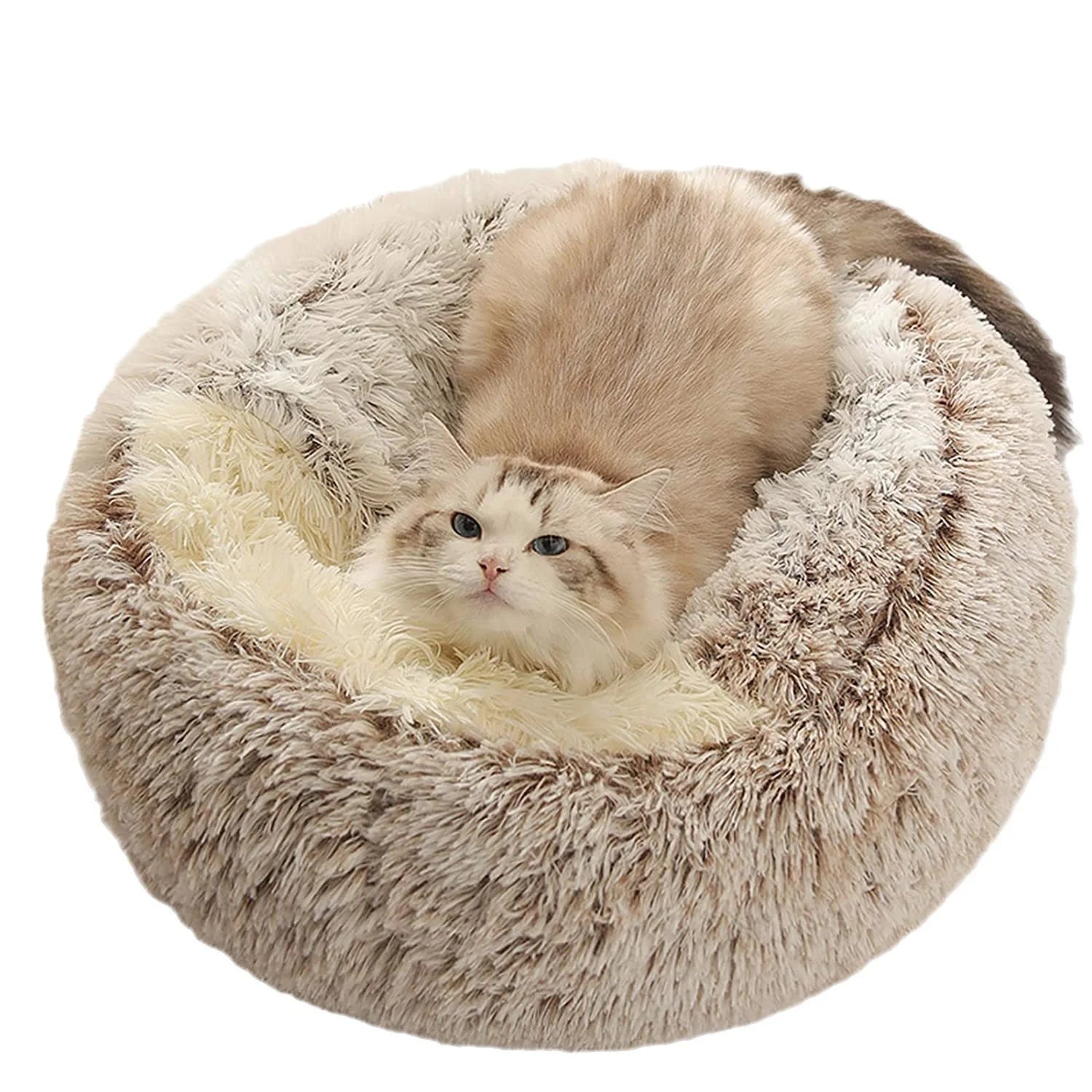 All-Season Pp Material Providing Warm Deep Sleep Long Plush Round Cat Bed Shell Winter Nest with Semi-Enclosed Cover for Pets