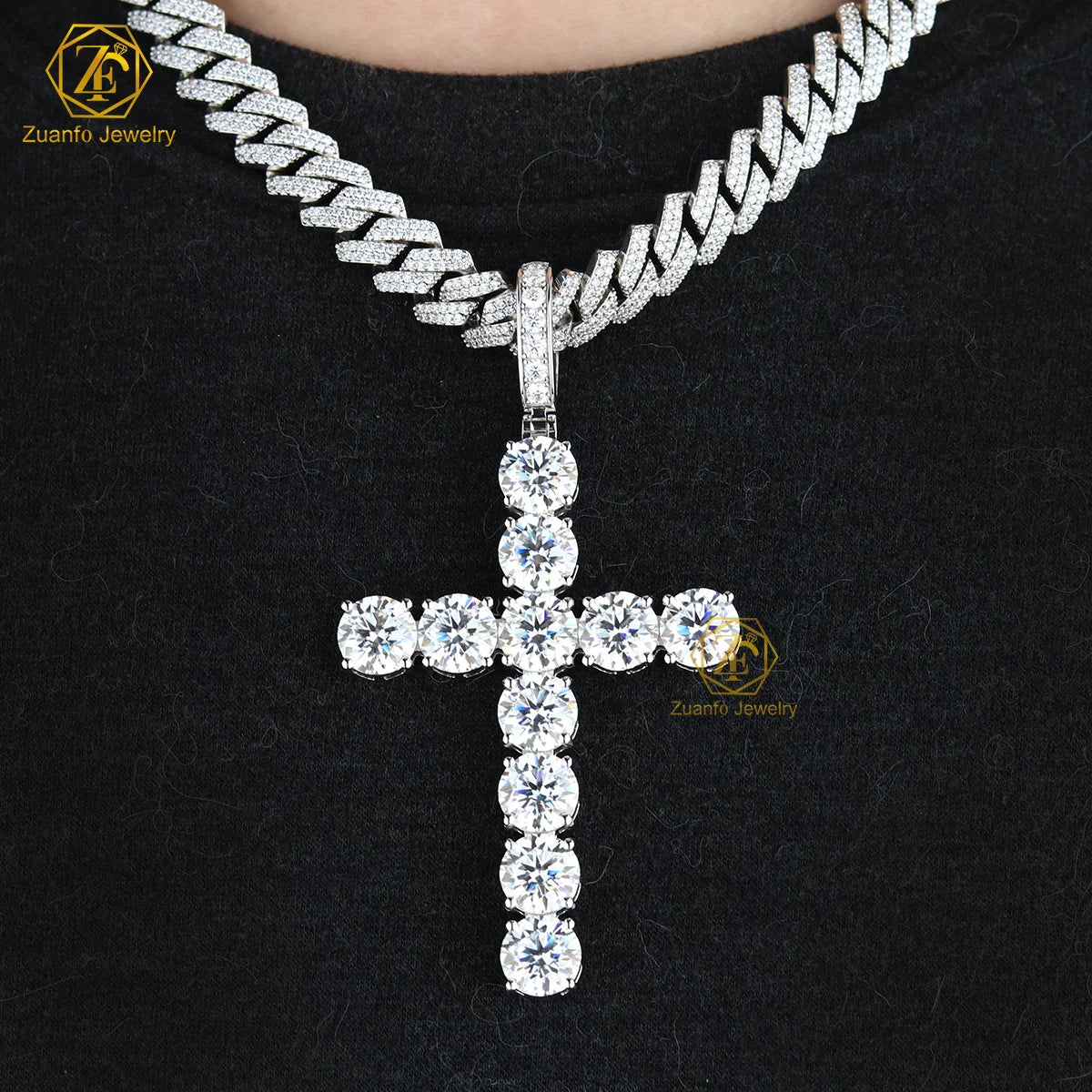 Hiphop 10mm Moissanite Cross Pendant White Gold Plated Shining Ice Out 925 Sterling Silver Moissanite Pendant
