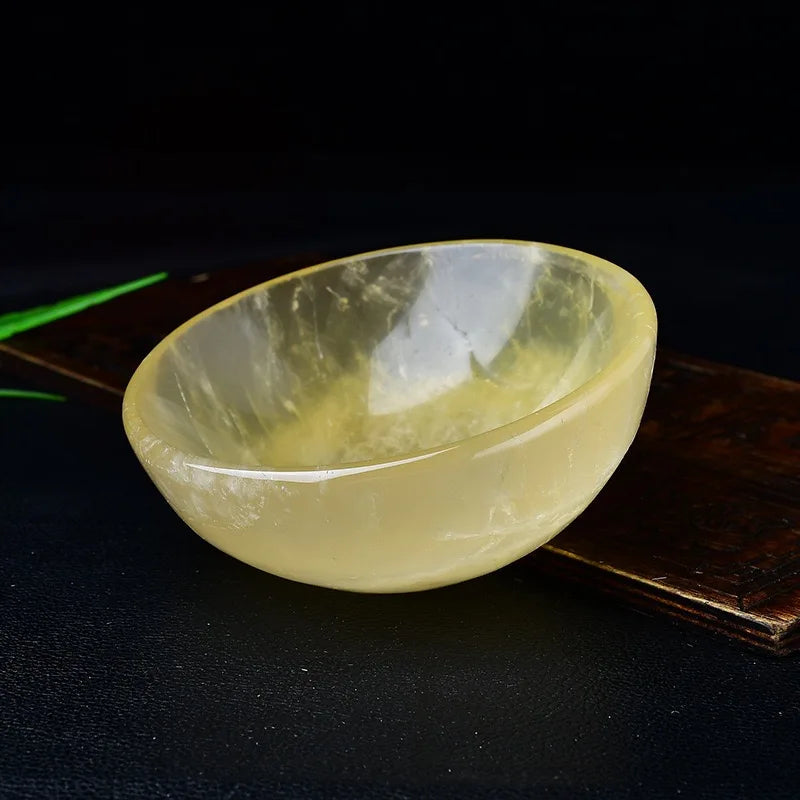 Original Polished Yellow Natural Crystal Bowl Feng Shui Style Home Office Desktop Ornament for Demagnetization or Souvenir