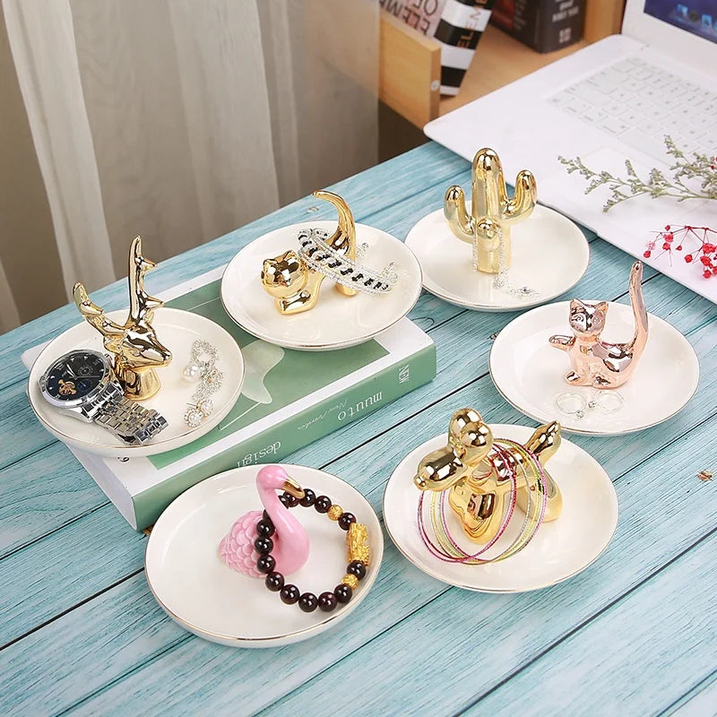 Golden Animal Design Pineapple Ceramic Cactus Ring Dish Ceramic Cactus Ring Holder Jewelry Trinket Dish Tray