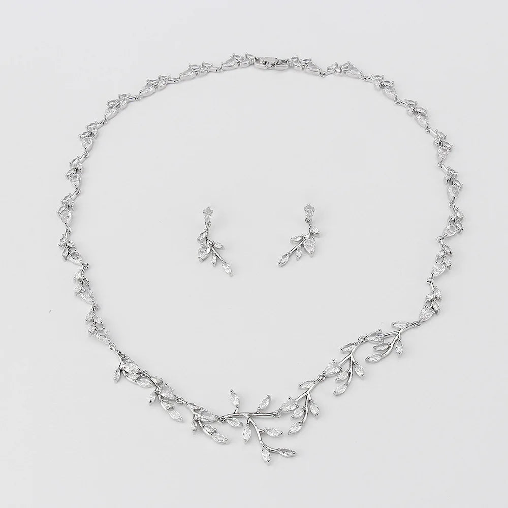 SLBRIDAL Luxury Sparkling Tree Branch Style Bridal Cubic Zircon Necklace Earring Set Wedding CZ Jewelry Set Women Prom Jewelry