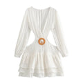 V-neck Long Sleeved 2024 Fashion White Fluffy Lantern Sleeve Dress for Women