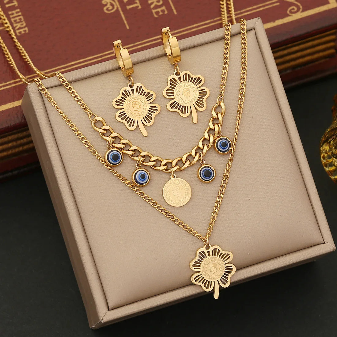 2024 New 2pcs Stainless Steel Flower Necklace Earrings Jewelry Set 18k Gold Plated Tarnish Free Double Layer Set
