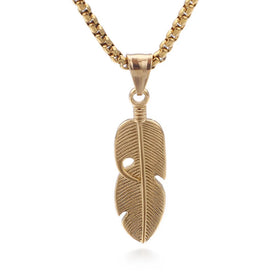 Custom 18K Gold Plated Stainless Steel Box Chain Vintage Feather Pendant Necklace for Men-for Party Anniversary Gifts