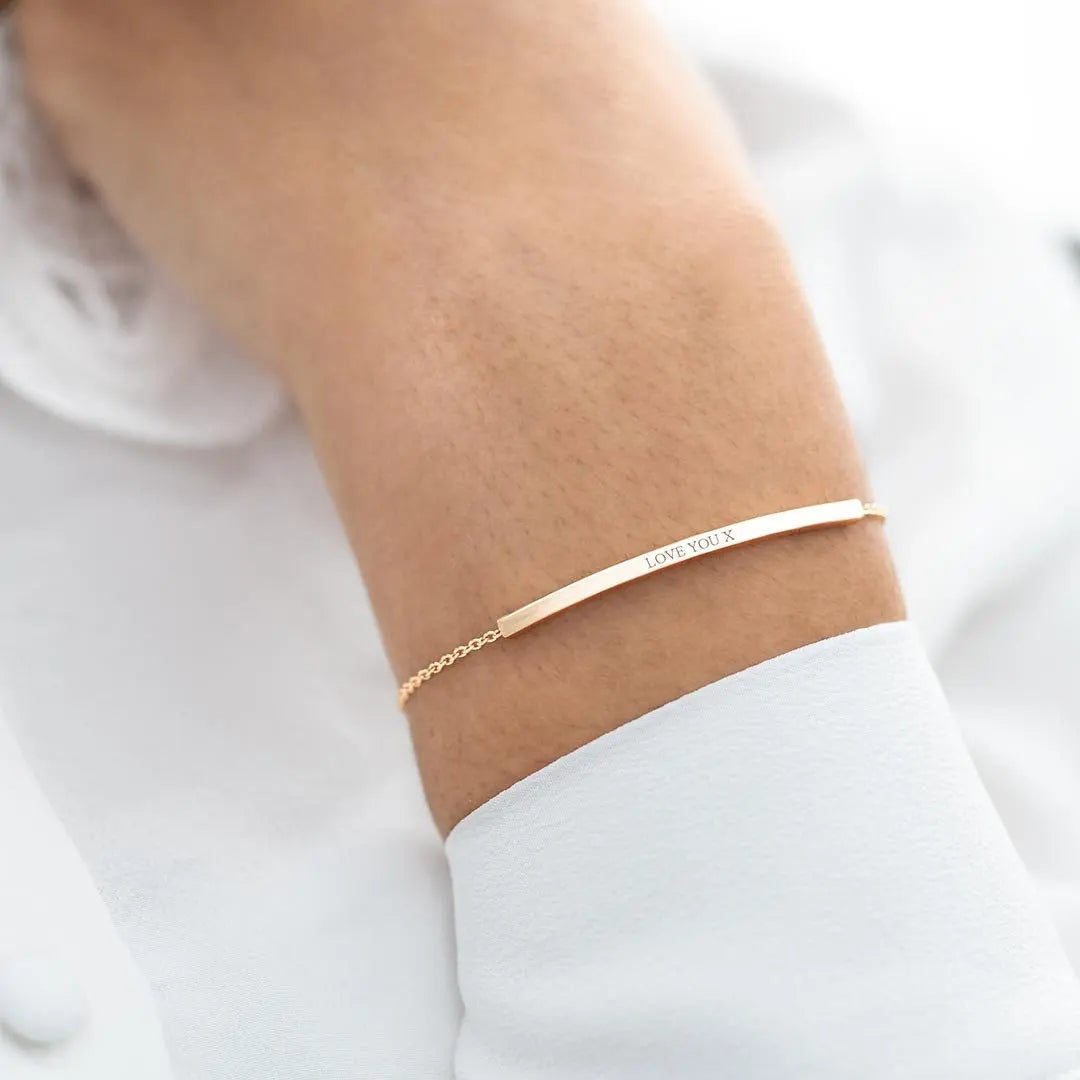 Minimalist Delicate Hand Stainless Steel Jewelry Curved Skinny Gold Your Name ID Bar Personalised Message Slider Bracelet