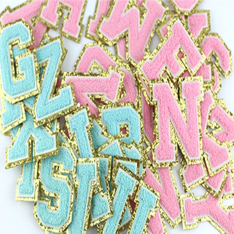 BLUE Chenille Embroidered Letters Iron on Patch Applique Diy Name Badge Alphabet Sequins Patches for Clothing Bags Accessories
