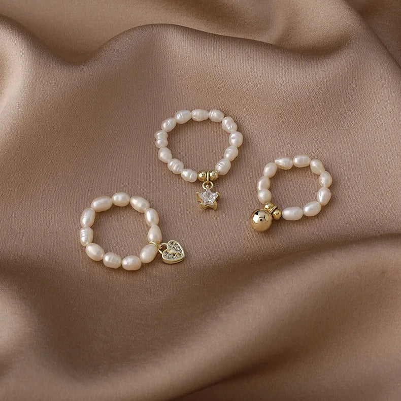 Wholesale Freshwater Pearl Ring Female Fashion Personality Simple Zircon Love Star Elastic Pearl Ring for Women