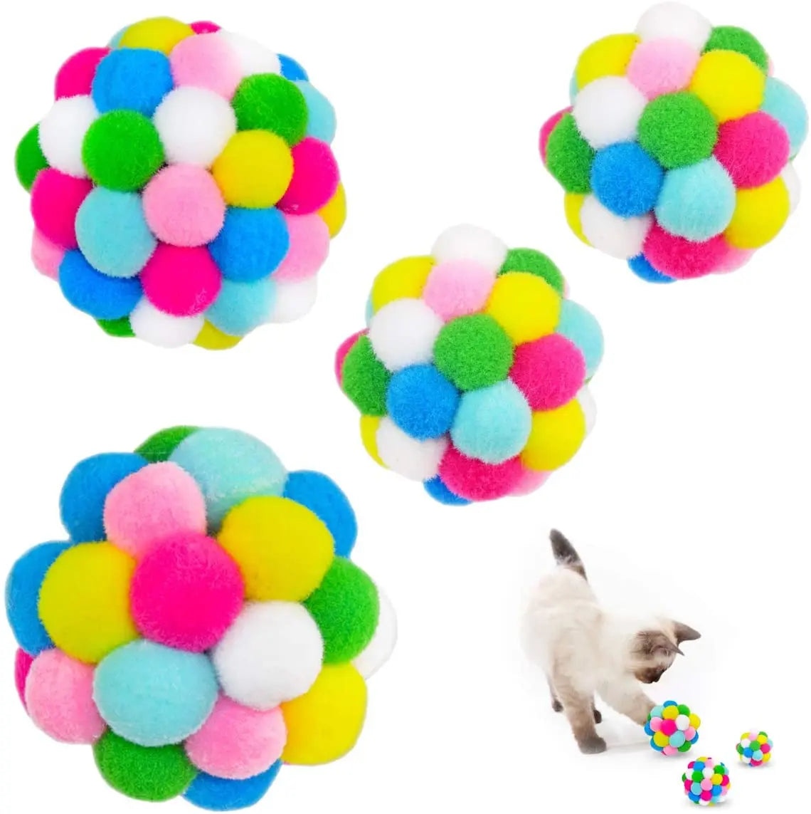Colorful Cat Ball Toy Built-in Bell Interactive Cat Ball Toy Soft Pompom Balls for Indoor Cats Kitten