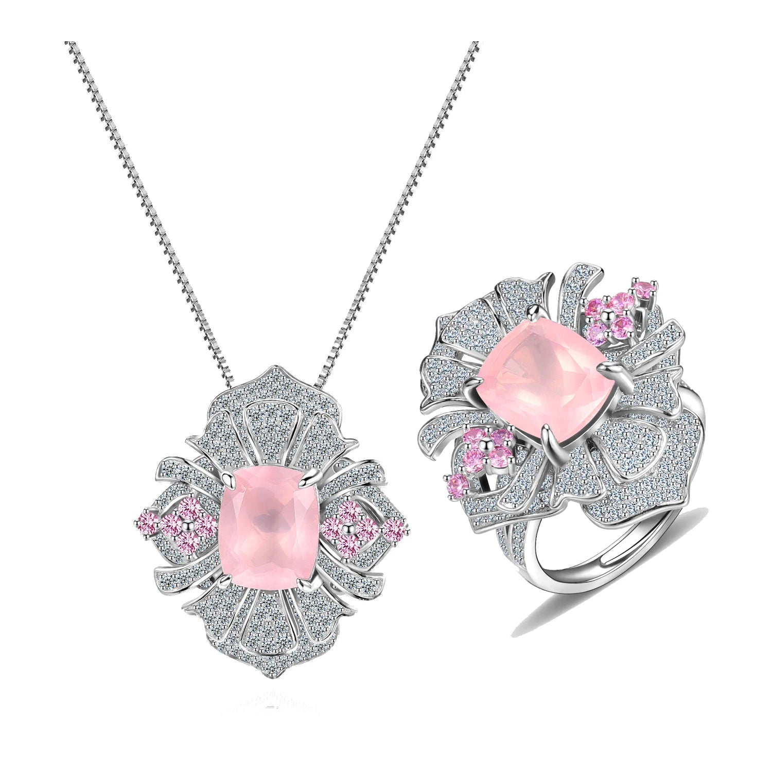 ZL0089 Efficient Order Processing Statement Cushion Cut Natural Rose Quartz Jewelry Set Silver Ring and Necklace Set