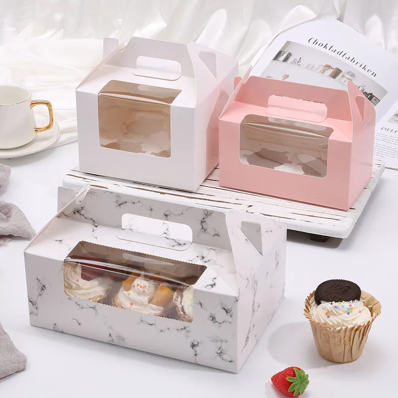 Hot Sale Muffin Box  2/4/6 Grid Transparent Window White Cardboard Portable Paper Cupcake Box with Handle