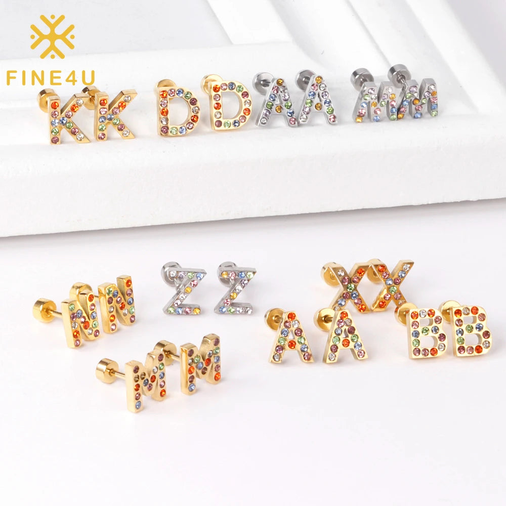 Fashion Jewelry Gold Plated Diamond 26 Alphabet Initial Letter Stainless Steel Stud Earrings for Women