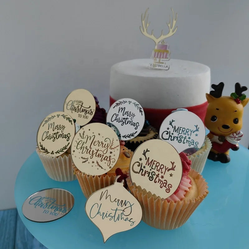 Mirror Gold Silver Acrylic Eco-Friendly Reusable UV Printed Merry Christmas Cupcake Toppers Cake Decorating Party Supplies