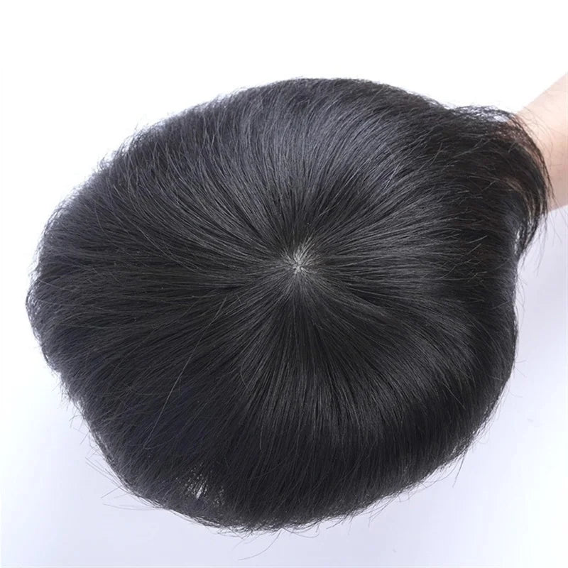 Men's 10-Inch Remy Hair Toupee Hairpiece System Natural Straight Human Hair with Breathable Silk Lace Base Clip for Prosthesis