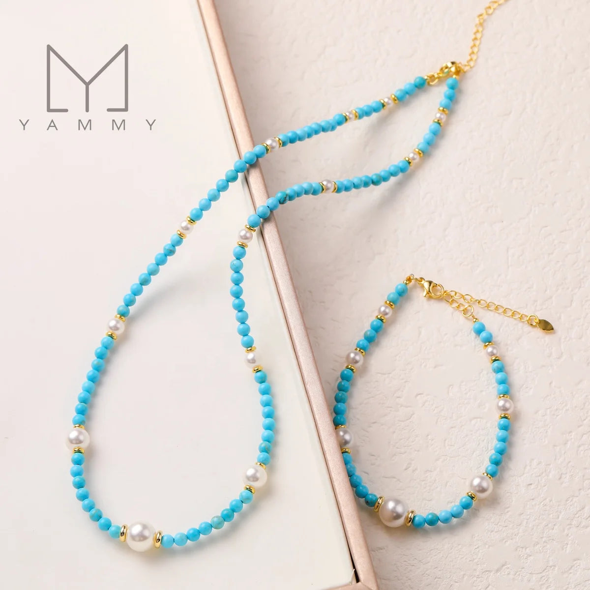Blue Turquoise With Natural White Shell Pearl Gemstone Beads Necklace Bracelets Set for Bohemia Style Gift for Her. MegaBDM