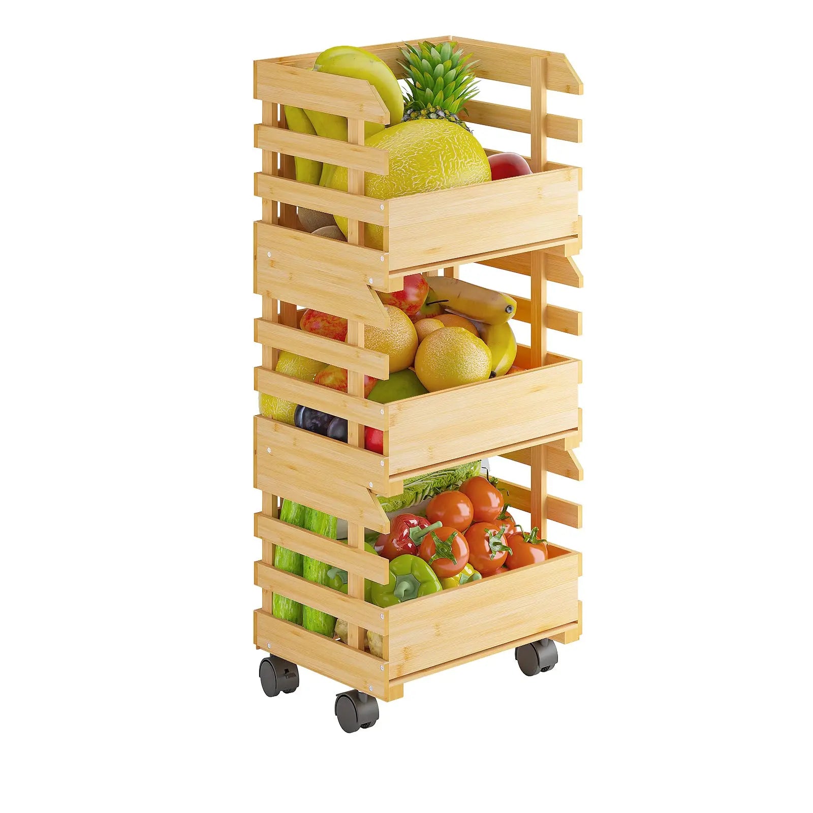 Bamboo 3-Tier Fruit Basket Stand with Wheels Potato and Onion Storage Cart Large Storage Capacity Basket Vegetable Tiered Shelf