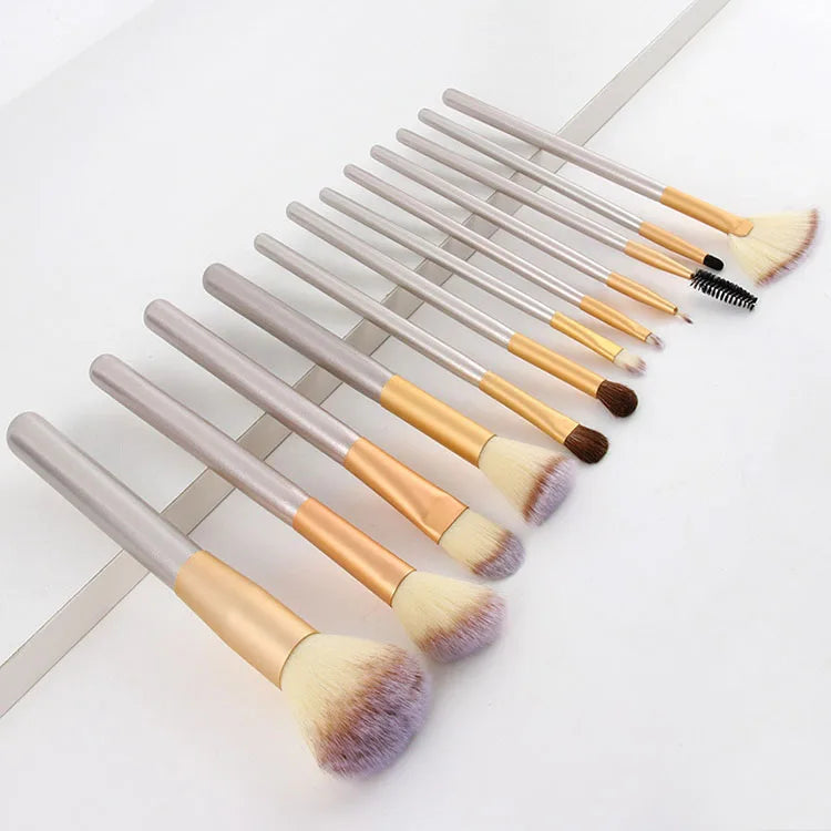 New Professional 12Pcs Synthetic Travel Makeup Brush Set with Flat Concealer & Fan Brushes for Face Foundation and Powder