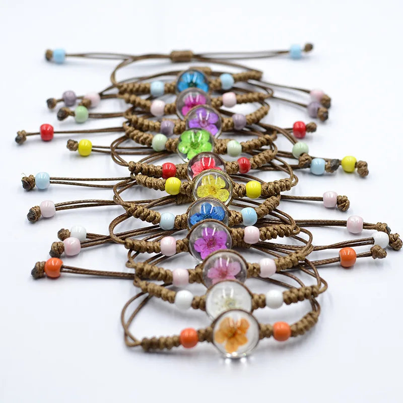 Bohemia Handmade Adjustable Pressed Resin Dried Real Flower Ceramic Beads Bracelet Summer Beach Jewelry