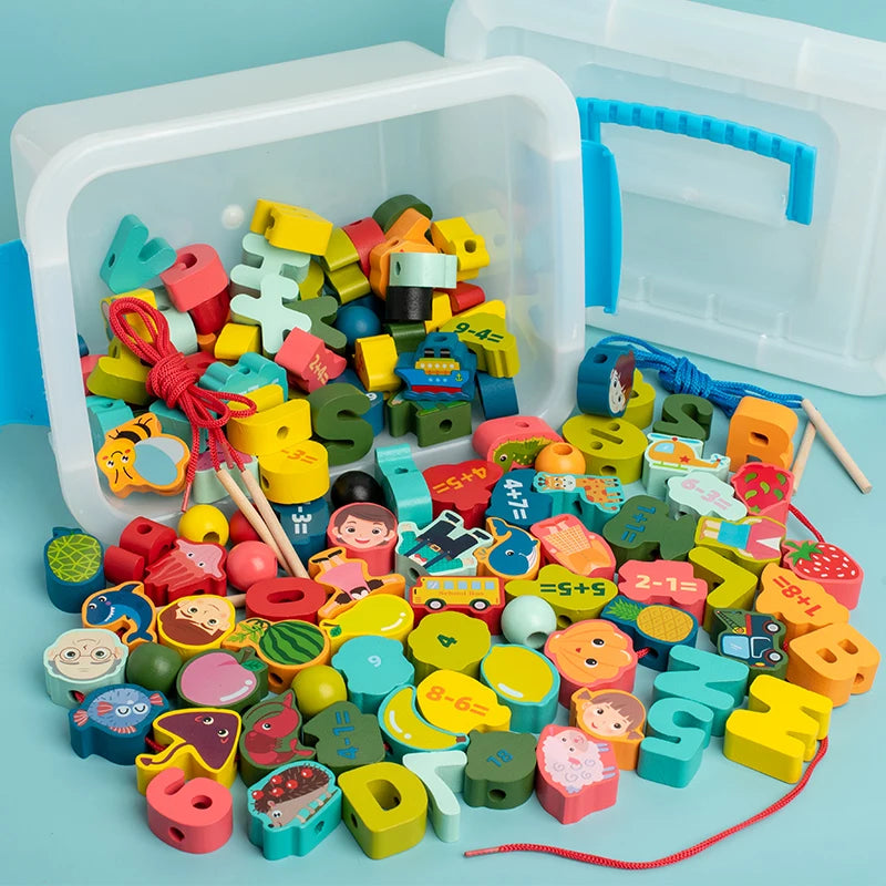 127 Pcs Custom Children Wooden Cartoon Animal String Threading Beads Educational Toddler Preschool Activities Lacing Math Toys
