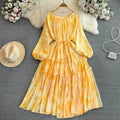 Fashion Long Sleeve Printed Chiffon Dress Empire Waistline Ruched Decoration Solid Pattern Midi Length for Spring Autumn