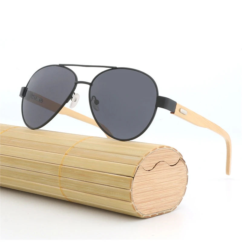Custom Logo Fashion Wooden Metal Sunglasses Pilot Style Eyewear Gold for Men Women. Retro Drive Sun Glasses Bamboo Wood